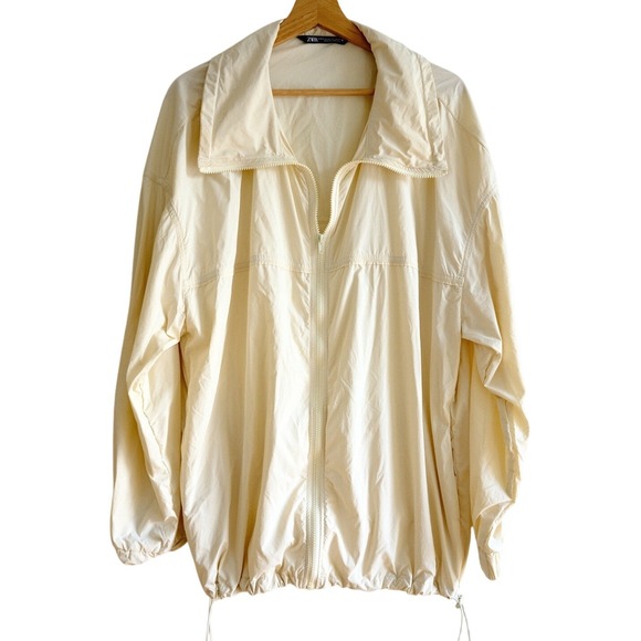 Zara Windbreaker Raincoat Jacket XS Cream Beige Zip Up Lightweight Drawstring - Picture 1 of 7